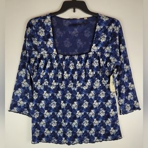 IZOD Sailor Navy White Floral 3/4 Sleeve Square Neckline Blouse Top Size XL NEW
